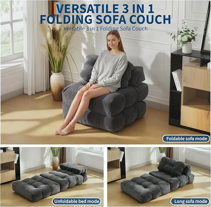 Folding Sofa Bed Convertible Sleeper Chair with Pillow Foldable Mattress&ampSide Pocket Portable Fold Out Chair Bed Comfy Floor Sofa Lounge for Living Room Bedroom Dark Grey Single
