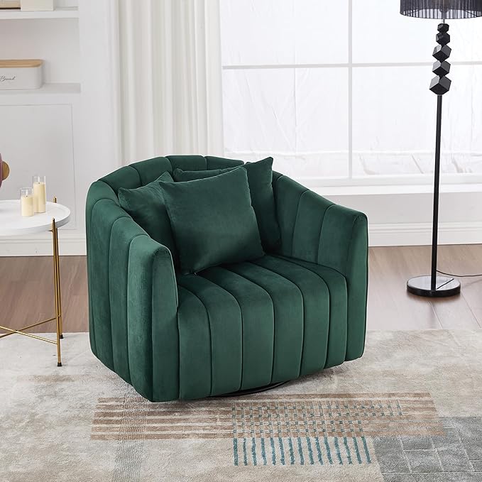 KEIKI 360 Swivel Chair Oversized - Velvet Barrel Accent Chair with Pillows Tufted Mid-Century Modern Armchair for Living Room Office Bedroom - Green Upholstery