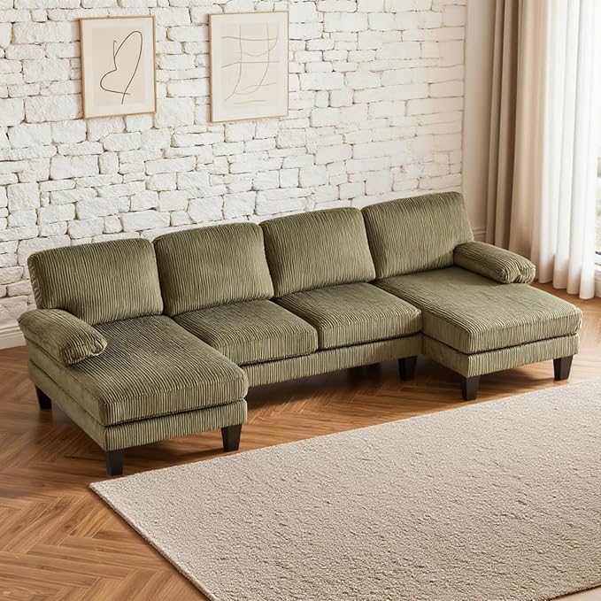 Karl home U-Shape Sectional Sofa Couch 111 Modern 4-Seat Sofa with Chaises Corduroy Fabric Upholstered Covertible Couch with Wood Grain Legs for Living Room Reception Room Apartment Green