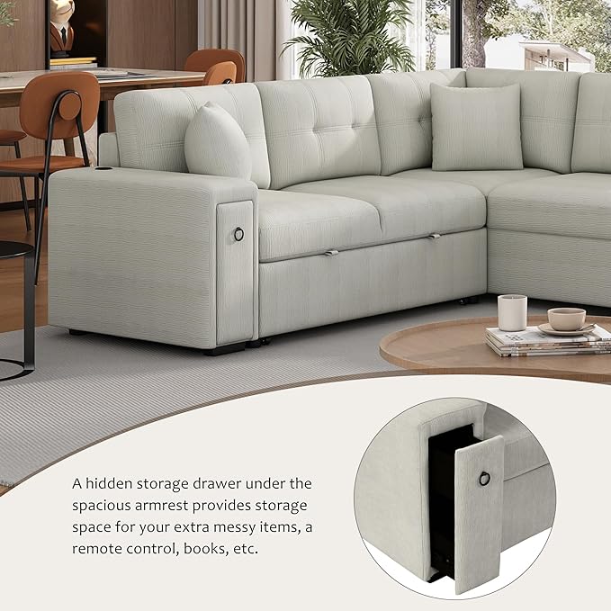 86.6 L-Shaped Sectional Sofa Couch Chenille Upholstered Pull-Out Sofa Bed Sleeper with a Movable Ottoman and 2 Cup Holders for Living Room Apartment Offices (Grey-86.6)
