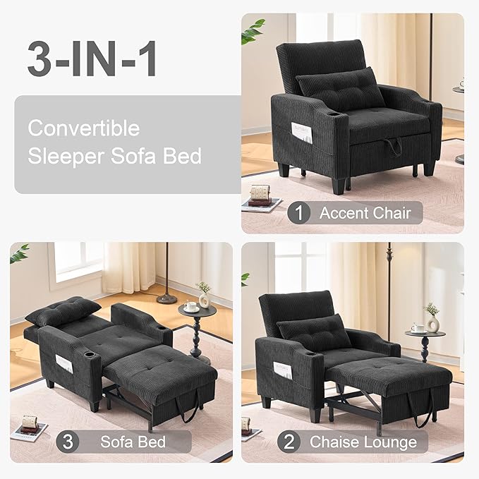 3 in 1 Convertible Sleeper Chair Corduroy Single Sleeper Sofa Bed Pull Out Sofa Bed Chair with Adjustable Backrest &amp Side Pockets for Living Room Black