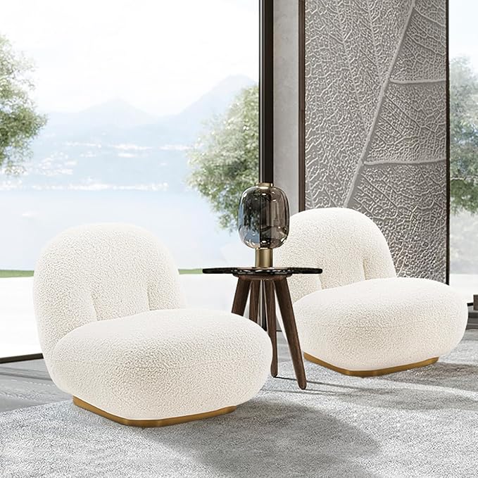 Manhattan Comfort Edina Modern Accent Chair in Luxurious Boucle Upholstery with High Density Foam Padding &amp Wood Frame with Gold Metal Base Living Room Seating White