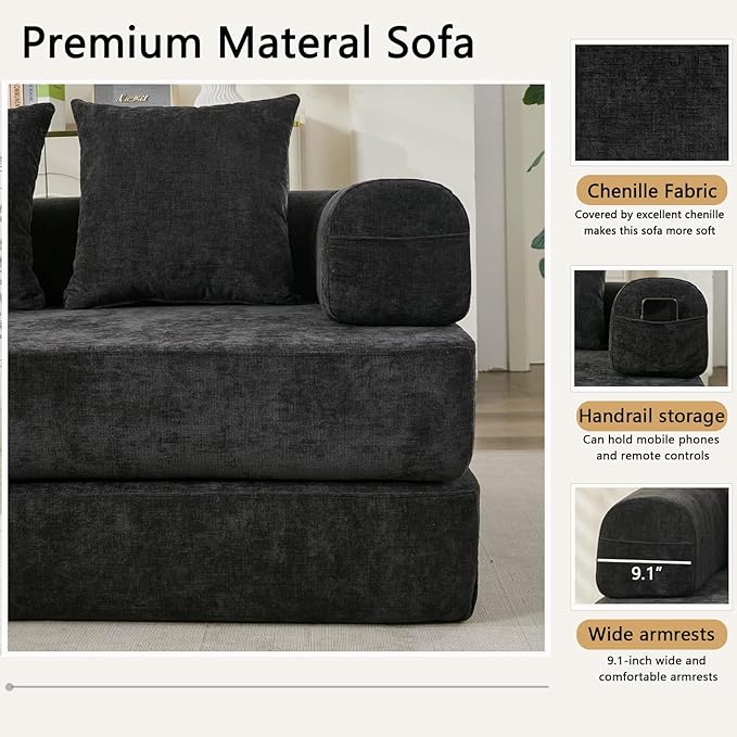 79 Inch 4-in-1 Convertible Sofa Bed Boneless Couches Chenille Folding Sleeper with Pull Out Bed Floor Futon Modular Lounge Loveseat compressed sofa No Assembly Required for Living Room (Black)