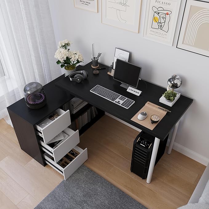 L Shape Computer Desk with 3 Drawers and 2 Shelves Home Office Desk Corner Small Desk with Storage Cabinet for Writing Study Executive – Black and White