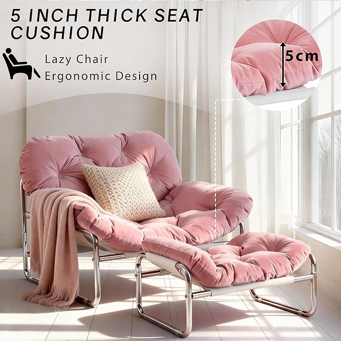 YOXIFOC Modern Style Recliner Armchair with Footrest Multifunctional Leisure Chair with Thickened Cushion and Phone Holder Suitable for Bedroom/Living Room Reading Chair/Garden/Patio (Pink)
