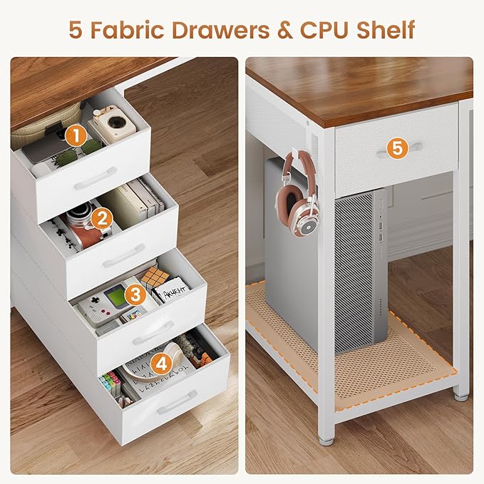 57 L Shaped Desk with 5 Drawers Reversible Computer Corner Desk with Storage &amp Power Strip for Home Office 78.7 Long 2 Person Desk Brown+White