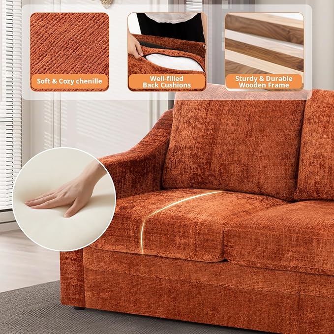 2 Pieces Chenille Sofa Sets w/Comfortable Back Cushions Modern Loveseat &amp Sofa w/Deep Seat Space Upholstered 2 Seat &amp 3 Seats Couch Sets w/High Resiliency Foam for Living Room Office Orange