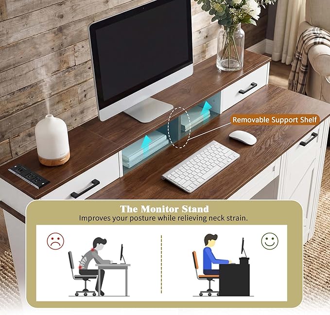 White Farmhouse Desk with Drawers &amp Charging Station Wood Executive Desk with Storage Cabinet &amp Keyboard Tray Computer Desks with Monitor Stand &amp Pegboard for Home Office (White + Brown)