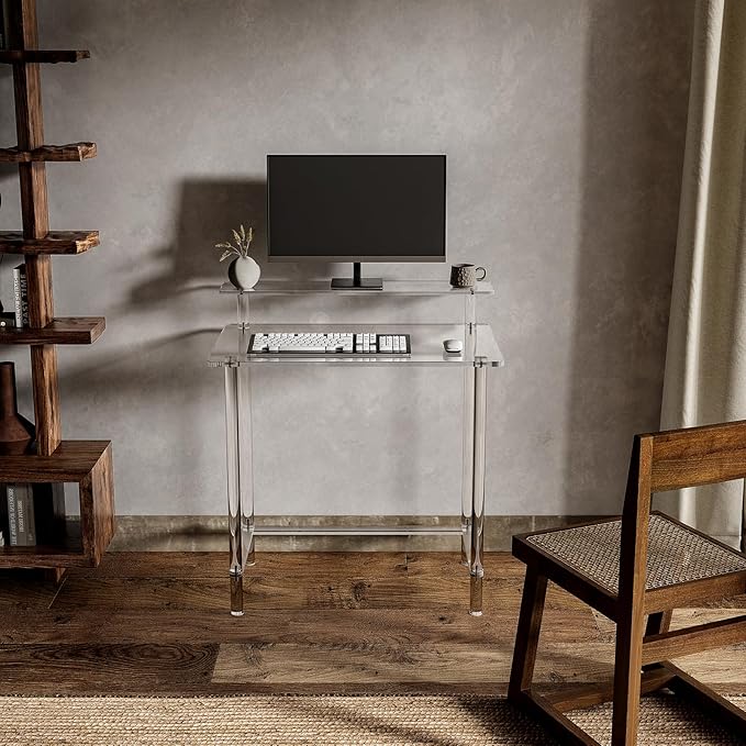 Eglaf Acrylic Desk - Home Office Desk with Monitor Stand - Modern Clear Desk Study Writing Table Computer Desk for Office Living Room Bedroom 31.5 L x 19.7''W x 34.7 H