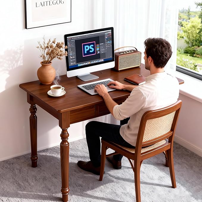 47 Inch French Country Writing Desk Solid Wood Farmhouse Computer Desk with 2 Drawers Easy Assembly Walnut Office Desk for Home Office Study or Bedroom (Walnut Wood Color)