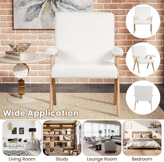 GOFLAME Mid-Century Modern Accent Chair Set of 2 Sherpa Fabric Armchair with Solid Rubberwood Frame Padded Seat &amp Armrests Upholstered Reading Chair Leisure Chair for Living Room Bedroom