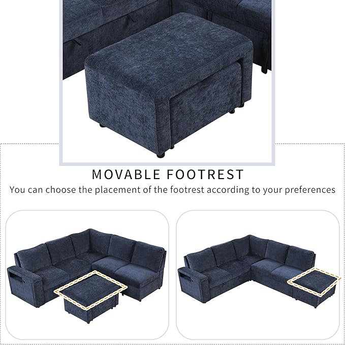 Convertible Sleeper Sectional Sofa with Pull-Out Bed and Storage Space &amp Ottoman Armrest w/USB Ports &amp Cup Holders Corner 6 Person L-Shape Modular Couch for Living Room Apartment (Blue)