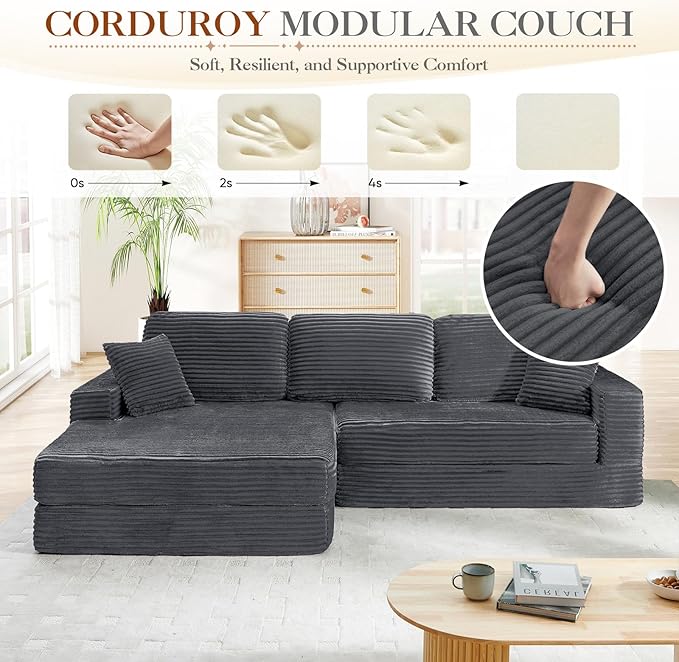 112.6 Oversized Fold Out Couch Bed King 3 in 1 Convertible Modern L Shape Cloud Modular Sectional Comfy Boneless Foam Couch Futon for Living Room No Assembly(Grey CorduroyRight Facing Chaise)