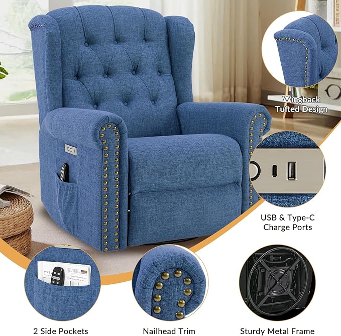 Power Swivel Rocking Glider Recliner Chair Electric Nursery Reclining Sofa Chair with Heat and Massage Wingback Tufted Upholstered Recliner for Living Rooms USB and Type-C Port Blue