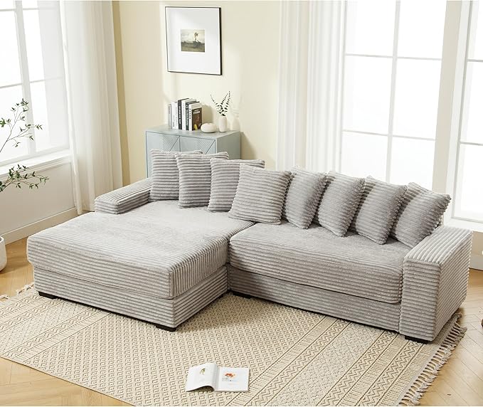 111 Inch Corduroy Sectional Couches for Living Room | L-Shaped Sectional Couch with 8 Pillows | Cloud Couch with Deep Seat | Solid Wood Frame Sofa Light Grey (Left Facing Chaise)