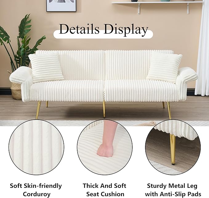 79 W Foldable Sofa BedOverstuffed Futon LoveseatComfy Upholstered Sofa Chair with Adjustable Armrests &amp BackrestConvertible Extra Deep Sleeper Sofabed for Living Room (Beige 2 Seat)