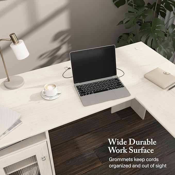 Bush Home Cabot 60W L Shaped Computer Desk with Storage in Linen White Oak 60-inch Corner Table with Drawers for Home Office Workspace