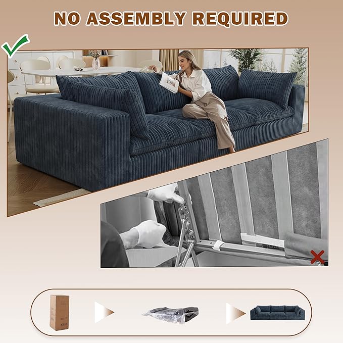 118.2 Oversized 3-Seater Modular Sectional Sofa Modern Comfy Plush Corduroy Upholstered Boneless Couch No Assembly Required Fluffy Deep Seat Cloud Couch for Living Room (Blue 3 Seater)