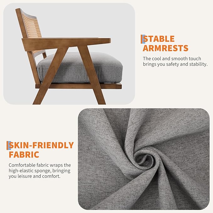 Mid Century Modern Accent Chair Comfy Living Room Chairs with Sturdy Wood Legs Rattan Backrest &amp Beige Thick Linen Cushion Armchair for Bedroom Balcony Apartment Gray (2 PCS)