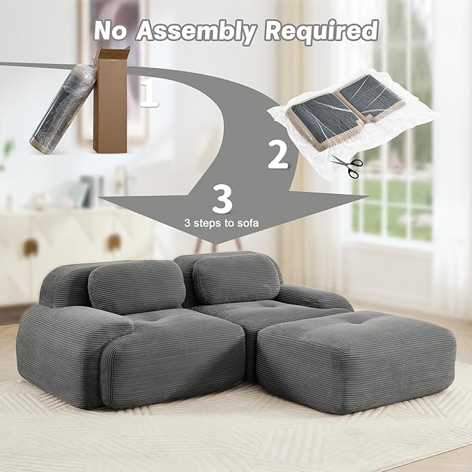 82 Foam Compressed Cloud Sofa28 Feep Seat Pet-Friendly Corduroy Oversize Sectional Couch with Movable Ottoman 2 Seater Modular Cloud Couch for Living Rooms Apartments Leisure RoomsGrey