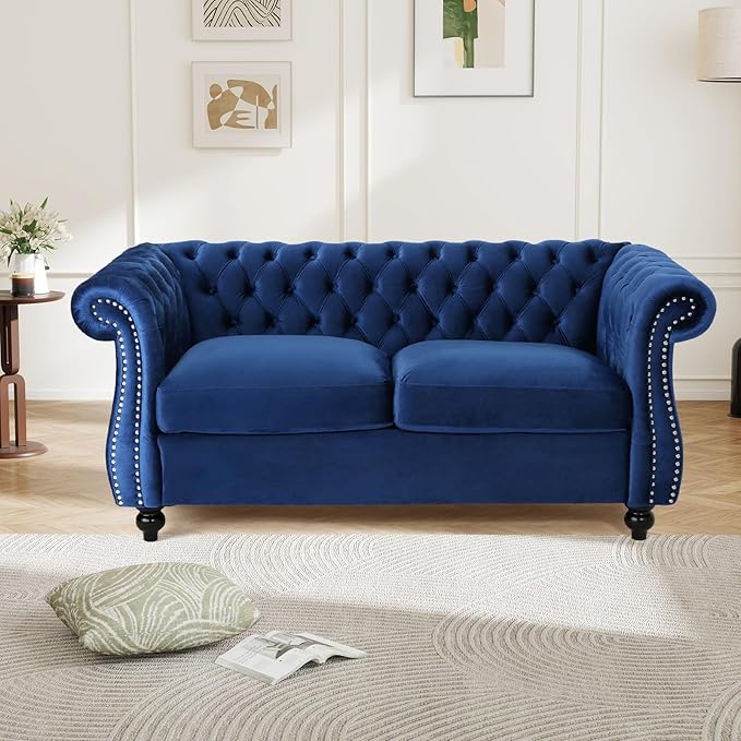 61W Mid Century Modern Chesterfield CouchUpholstered Velvet Loveseat Sofa with Button Tufted &amp Rolled ArmrestsDeep Seat Comfy Sofa with Nailhead Trim &amp Gourd Legs for Living RoomApartment(
