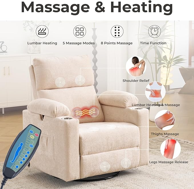 Rocking Chair Nursery with Adjustable Armrests Electric Glider Recliner Nursing Chair for Breastfeeding Power Swivel Recliner Chairs with Massage and Heat Adjustable Headrest  FSC Certified Beige