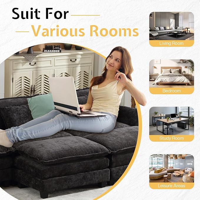 Modular Sectional Sofa Cloud Couch with Ottoman Deep Seat L Shaped Chenille Sofa Couches for Living Room Apartment (Black U-Shaped &amp 2 Ottoman)