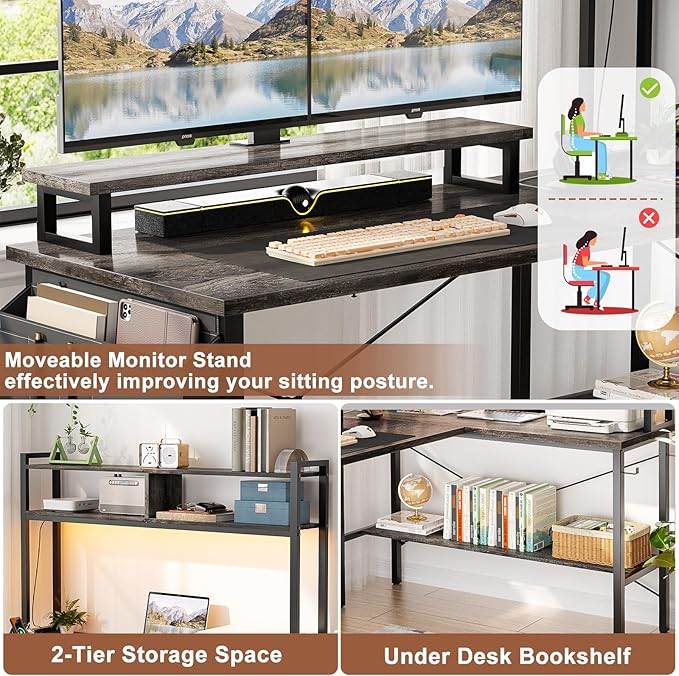Aheaplus L Shaped Gaming Desk with Power Outlets &amp LED Lights Small L- Shaped Desk Computer Corner Desk with Monitor Stand &amp Storage Shelf Home Office Desk Writing Desk with Storage Bag Gre