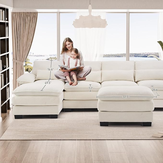 OUYESSIR 113 U Shape Sectional Cloud Couch with OttomanFluffy Sectional Couches for Living Room4 Seater Modular Sectionals SofaComfy Cloud Sofas &amp Couches with 4 PillowsBeige White