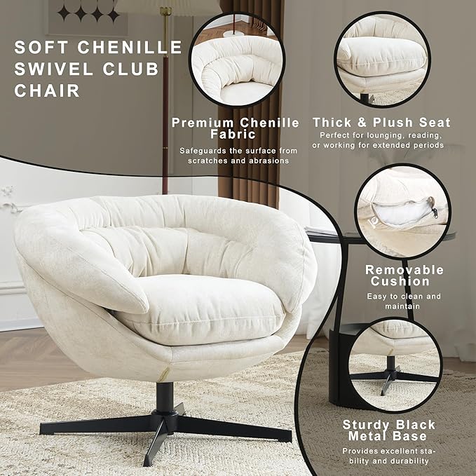 360°Swivel Accent ChairModern Chenille Office ChairRound Office Chairswith Removable CushionBlack Metal Base for Living RoomBedroomReading CornerOfficeBeige