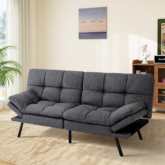MUUEGM Futon Sofa Bed Memory Foam Dark Grey Futons Modern Office Couch Sleeper Bed Convertible Love seat Sofa for Small SpacesApartmentOffice with Adjustable Armrest Backrest