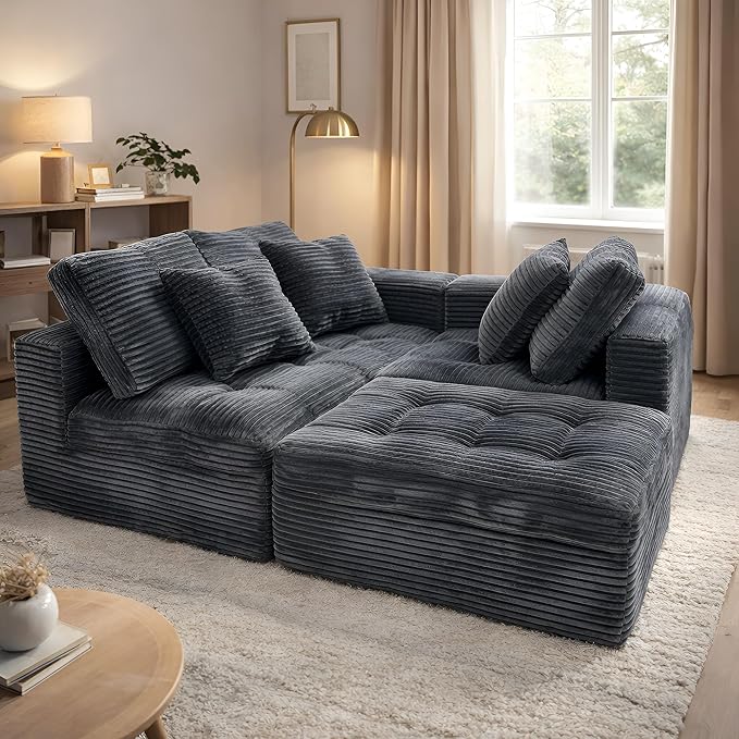 L-Shaped Modular Sectional Sofa with Chaise - 105 Inch Boneless Comfy Corduroy Fluffy Couch with Deep SeatNo Assembly Required Apartments &amp Living RoomsGray