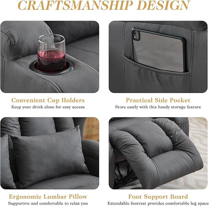 Loveseat Recliner SofaRV Wall Hugger Recliners for Small SpacesReclining Loveseat Sofa Recliner with Cup Holders/Lumbar PillowsRV Furniture (Gray Loveseat with Console)