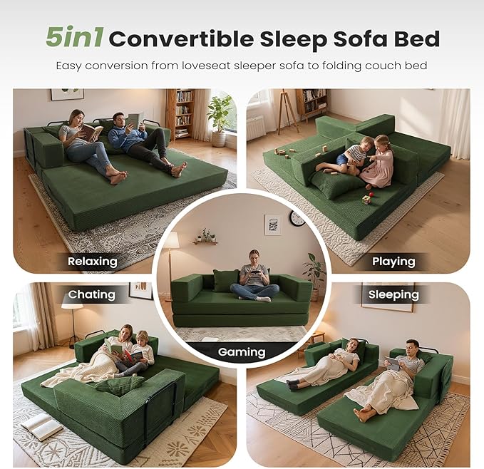 5‑in‑1 Futon Sofa Bed Queen– Floor Foldable Convertible Sofa Couch with L‑Shaped Armrests Removable Cover Green Convertible Guest Bed | Space‑Saving Fold‑Out Mattress Lounge for Living Room/Bedroom