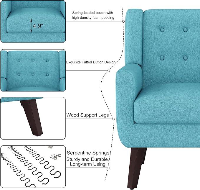 Linen Fabric Living Room Chairs Accent Chair Mid Century Modern Armchair for Living Room Bedroom Button Tufted Upholstered Comfy Reading SofasVanity Chair (1 Lake Blue)