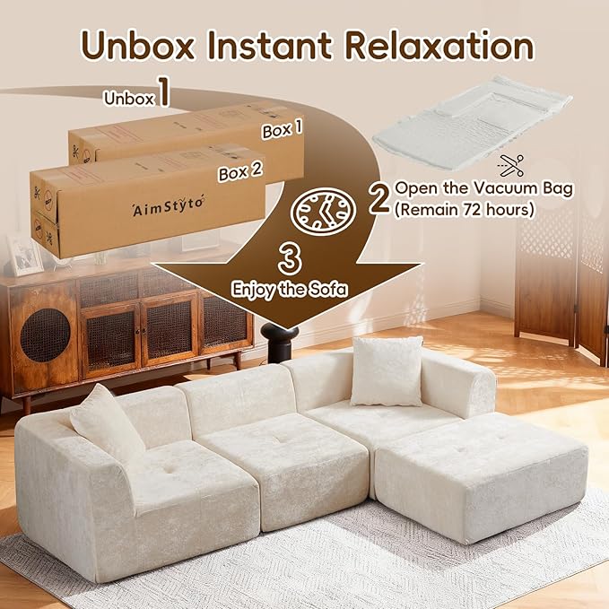 108 3-Seat L-Shaped Modular Sectional Sofa with Chaise Plush Velvet Cloud Couch - Comfy Deep Seat Boneless Couches No Assembly Required for Living Room Bedroom Beige