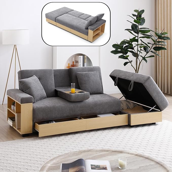 Convertible Sofa Bed 85 Folding Sectional Sleeper Sofa with Storage Ottoman Drawers Built-in Bookshelves and 2 Cup Holders Linen (Gray)