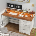 Vabches 47 Farmhouse Executive Desk with Monitor Stand &amp File Cabinet3 Drawers Computer Desk with LED Lights and Power OutletsWorkstation for Home Office StudyWriting.（Unique White）