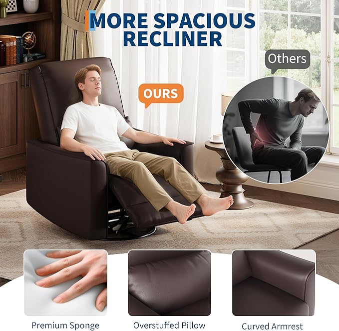 GarveeHome Recliner Chair 360° Swivel Rocker Glider Nursery Chair with Padded Armrest and Deep Seat PU Leather Upholstered Reclining Sofa Chair for Living Room Bedroom and Nursery (Dark Brown)