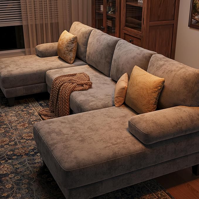 Sectional Couches for Living Room | 112 Inch U-Shaped Sectional Couch | 4 Seat Sofa Set with Double Chaise for Apartment | Light Grey Chenille