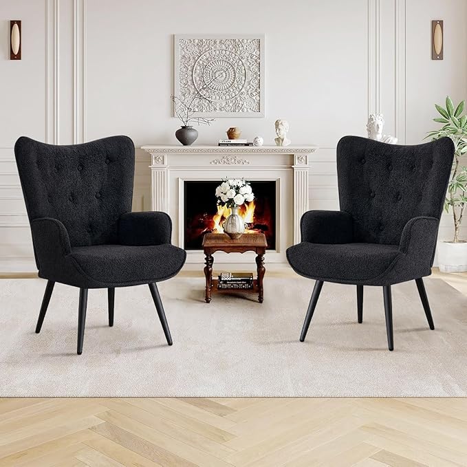 Furniliving Boucle Accent Chair for Living Room Upholstered Reading Chair with High Backrest Tufted-Button Wingback Armchair for Bedroom Dressing Room Home Office Black Set of 2
