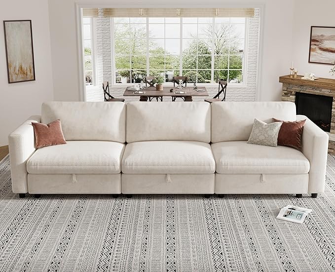 KKL Modular Sectional Sofa Couches for Living Room 113 Sofa Couch with Adjustable Backrest 3 Seater Sofa Couch with Comfy Cushion Chenille Beige