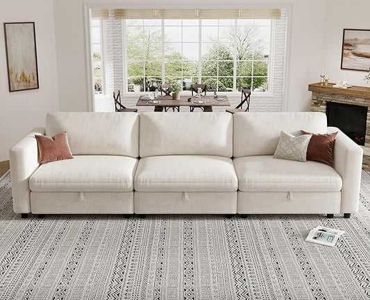 KKL Modular Sectional Sofa Couches for Living Room 113 Sofa Couch with Adjustable Backrest 3 Seater Sofa Couch with Comfy Cushion Chenille Beige
