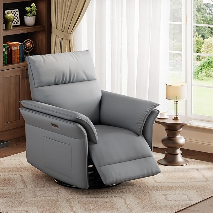 IDEALHOUSE Power Recliner Chair 270° Swivel Rocking Glider with USB Charging Port PU Leather Upholstered Fabric and Double-Layer Armrests Nursery Chair for Living Room Nursery (Power Grey)