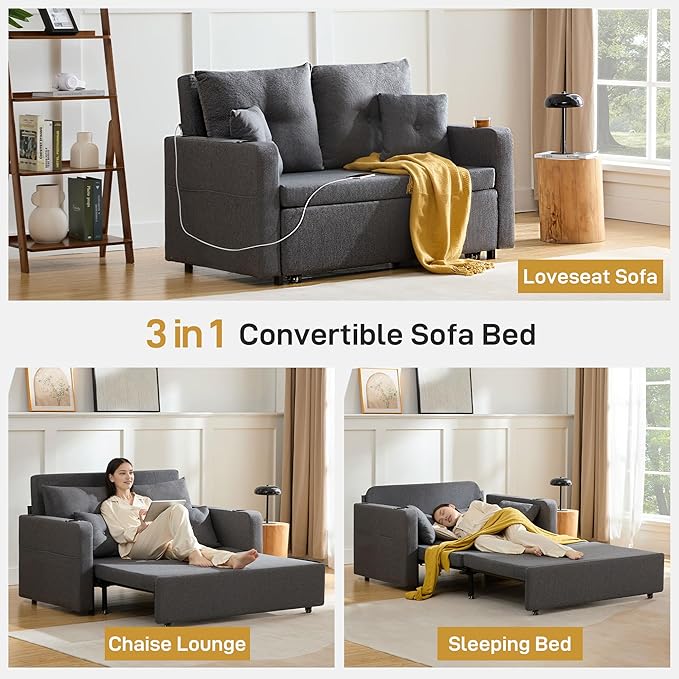 3 in 1 Convertible Sofa Bed 56 Full Size Loveseat Sleeper Sofa Couch Bed Sleeper Sofa Bed with Storage Pocket USB Comfy Pull Out Sofa Bed for Living Room Bedroom Small Space Dark Grey
