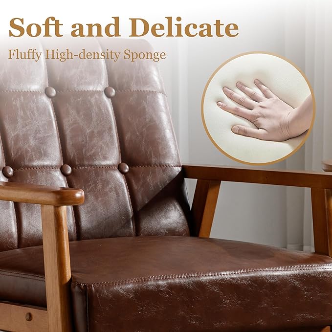 PU Leahter Accent Chair Set of 2 Mid-Century Modern Armchair with Solid Wood Armrests Button-Tufted Comfortable Cushioned Reading Chairs for Living Room Bedroom (Brown