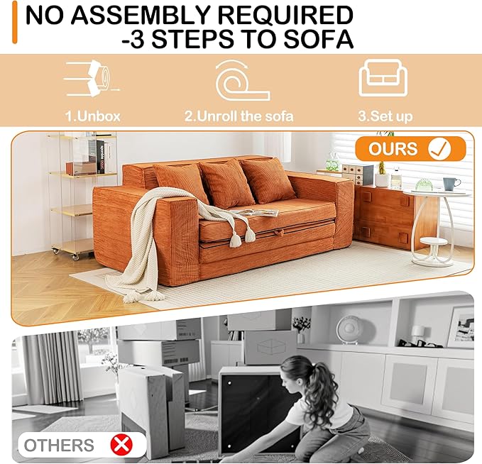 HOMREST 76 Convertible Memory Foam 3-seat Sofa Pull Out Sleeper Sofa Bed 2 in 1 Folding Couch Bed Fold Out Floor Couch Corduroy Fabric with 3 Pillows for Living Room Bedroom Lounge (Brown)