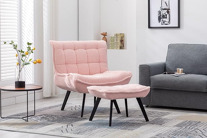 Modern Soft Teddy Fabric Material Large Width Accent Chair Leisure Chair Armchair TV Chair Bedroom Chair with Ottoman Black Legs for Indoor Home and Living RoomPink