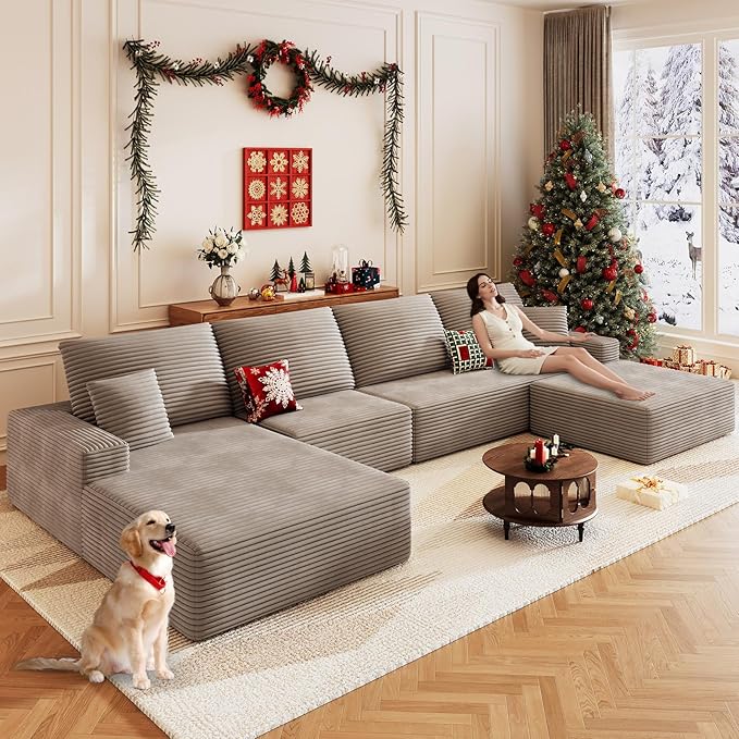 136 Boneless Cloud Couch with OttomanMoudular Sectional Sofa with Deep SeatModern Minimalist Sofas with 4 SeaterCorduroy U Shaped Couches for Living RoomNo Assembly(CamelLeft Facing Chaise)