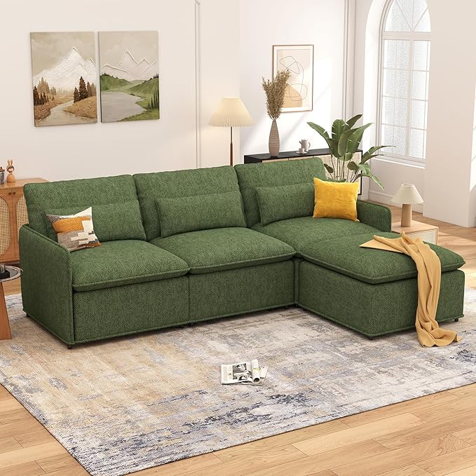 L Shaped Sectional Couch 94.5 Sectional Cloud Couch for Living RoomFluffy Modular Sofa with Textured Corduroy3 Seaters with OttomanPet-Friendly Comfy Modern Deep Seat Sofa SetGreen